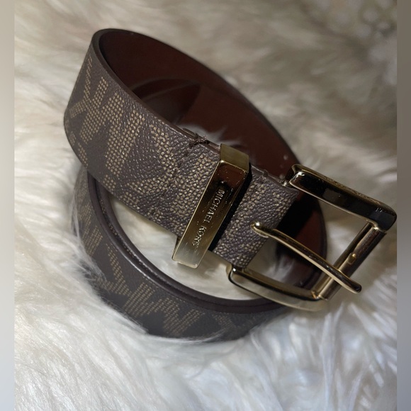 MICHAEL KORS BELT CHOCOLATE MK PRINTED LOGO GOLD SIZE MEDIUM - Picture 12 of 17